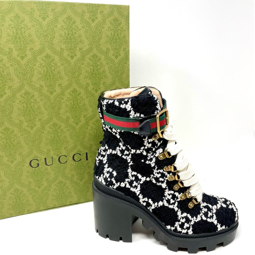 Gucci GG Monogram Web Tweed Combat Lace Up Ankle Boots Black White EU 36.5